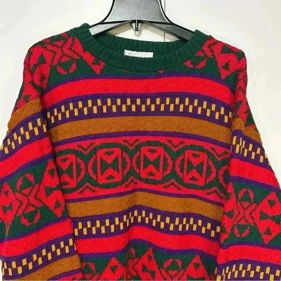 Vintage Diana Marco 90s Red Green Knit Tunic Holiday Long Sleeve Sweater Large - Picture 2 of 12